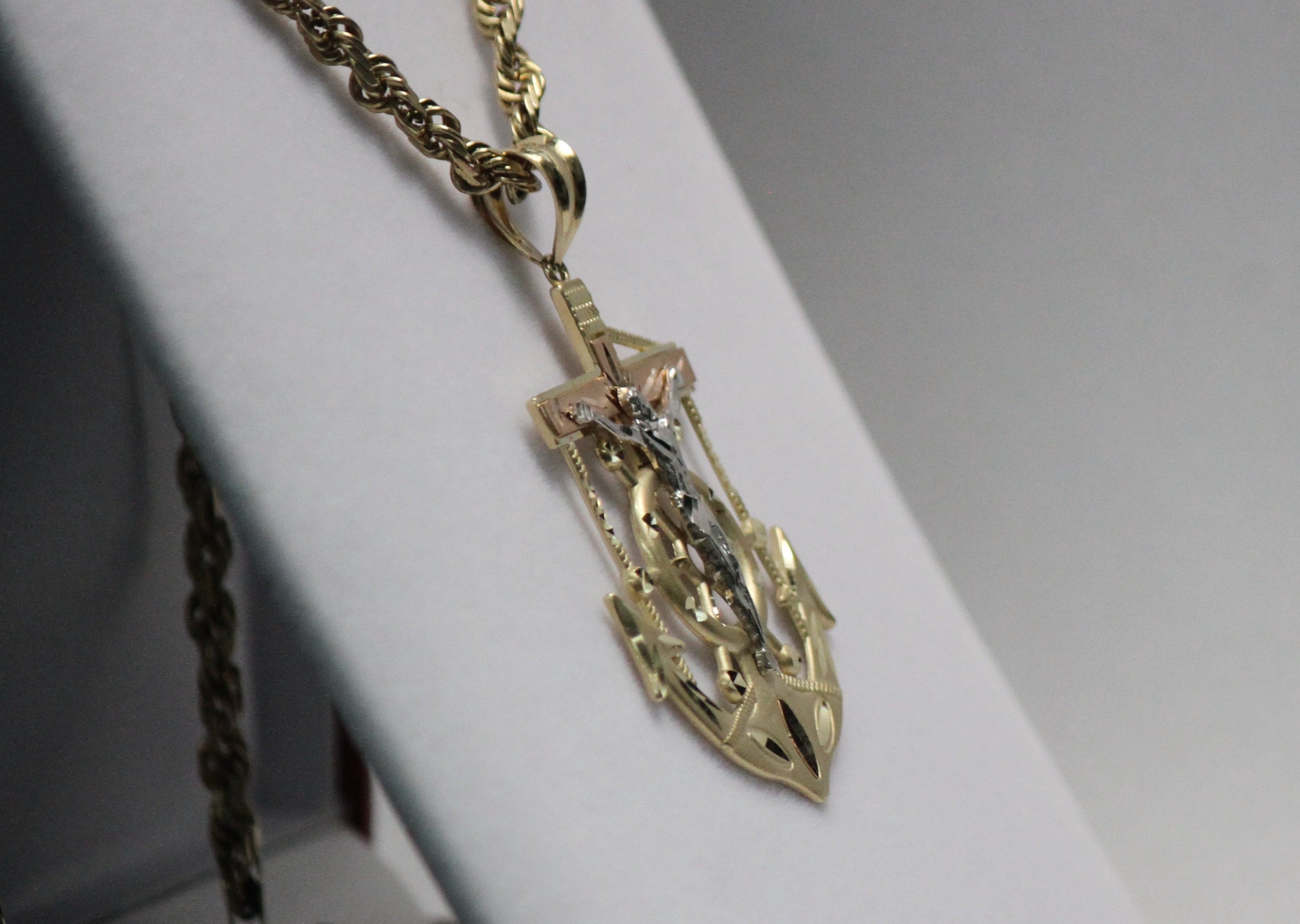14KT Anchor Tri-color Crucifix Diamond Cut